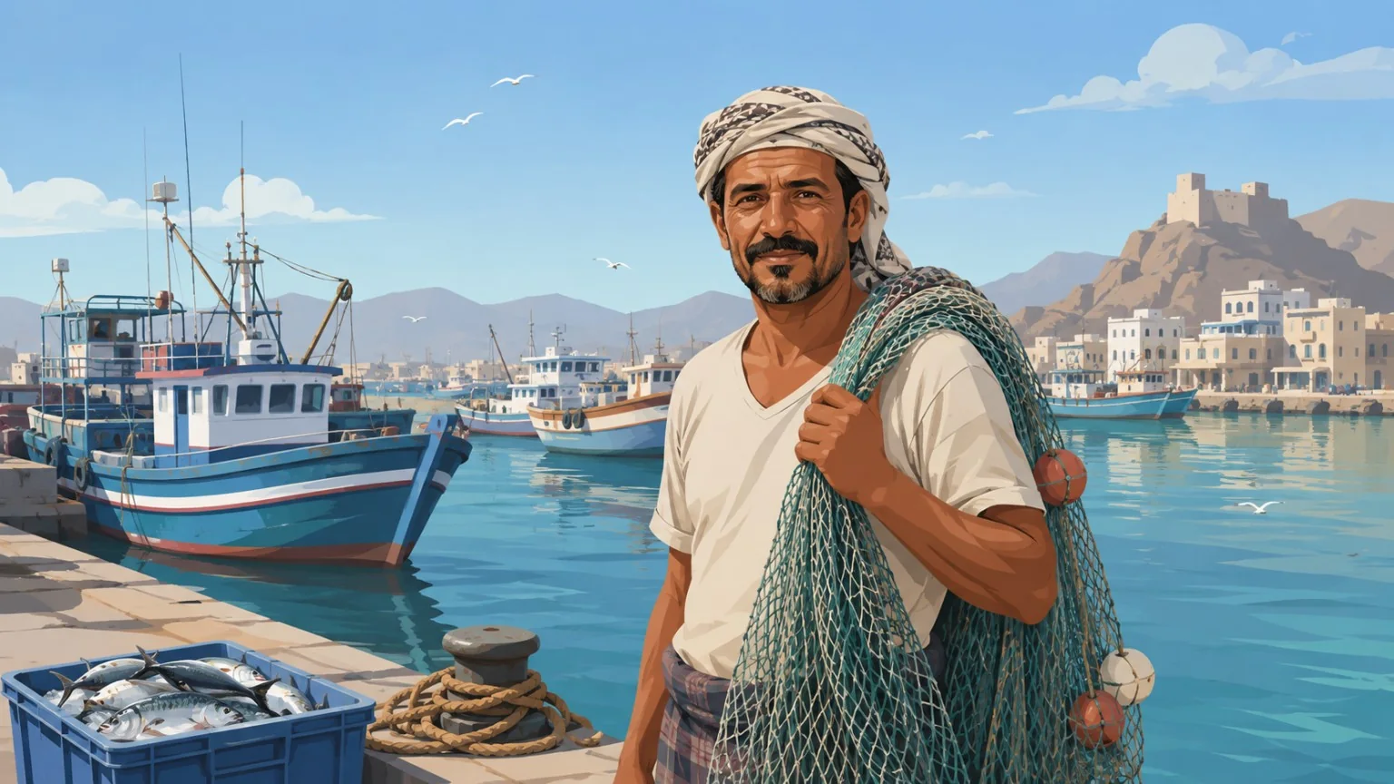 صياد في ميناء صيرة عدن ضمن رؤية عين الصياد لخدمة المجتمع الساحلي